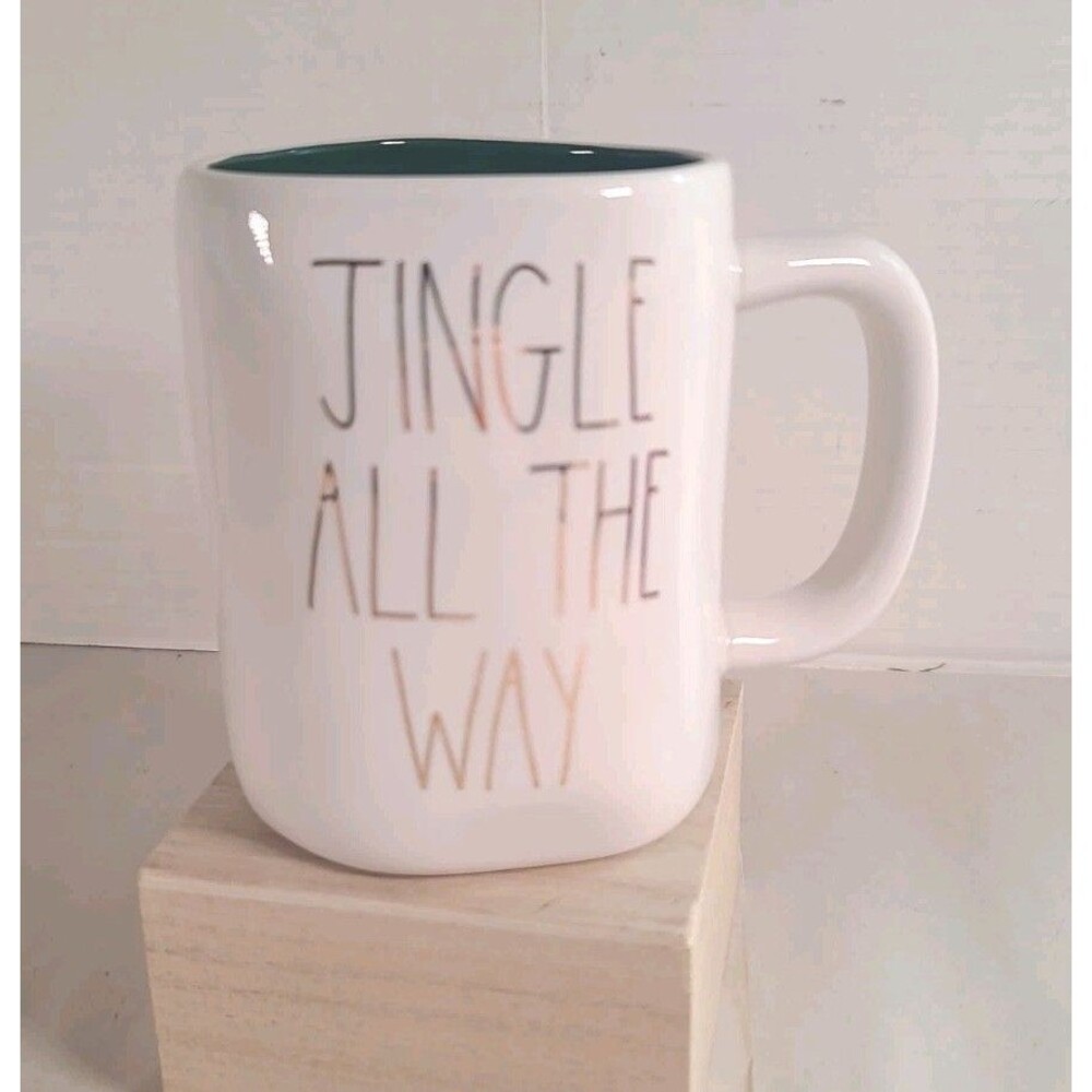 Rae Dunn Jingle All The  Way Gold Print  2 Sided Christmas Tree Mug